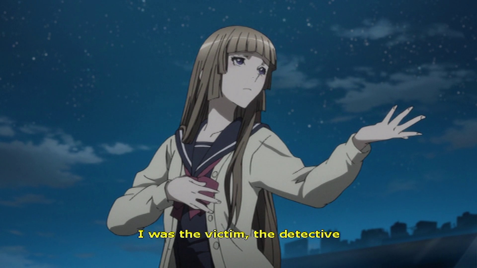 An anime girl says "I was the victim, the detective"